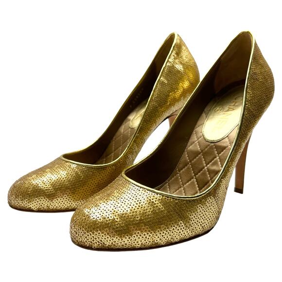 CHANEL Interlocking CC Sequins Round Toe Pumps EU 40 US 9.5-10 High Heels - Picture 4 of 13